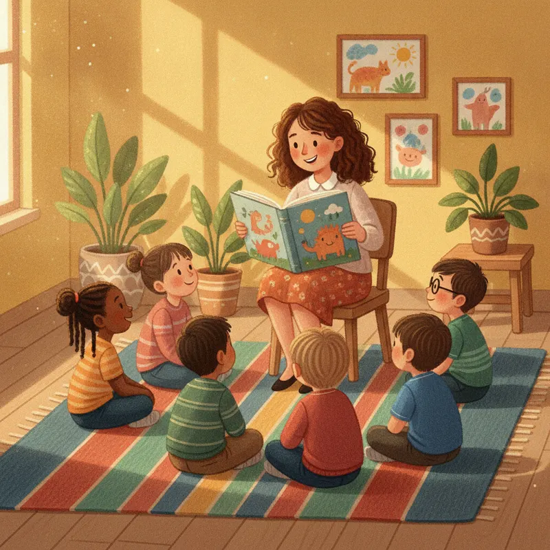 A teacher reading a picture book to a group of children