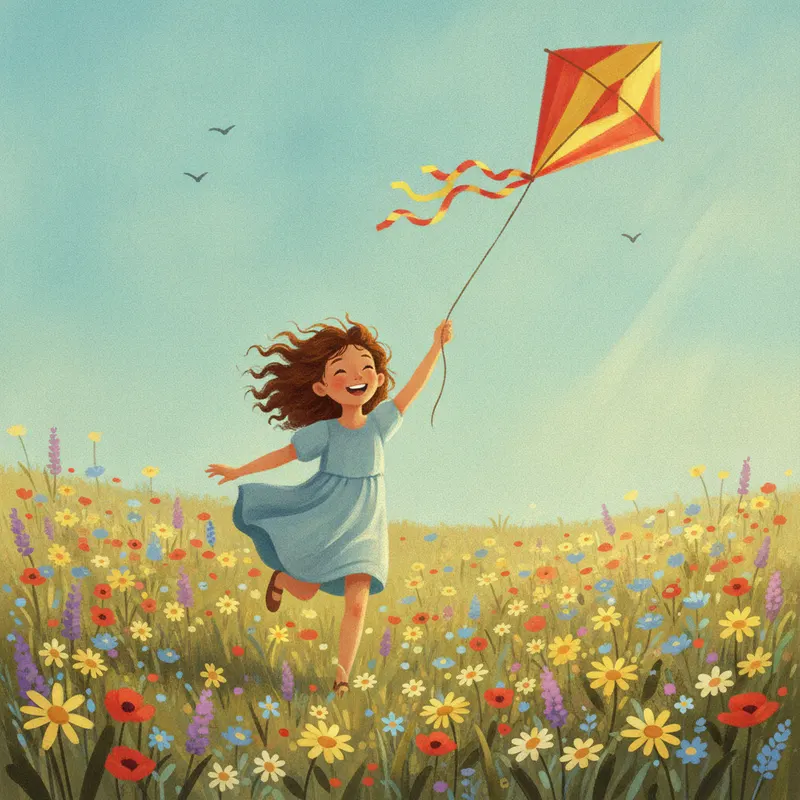 A girl running through a meadow with her kite