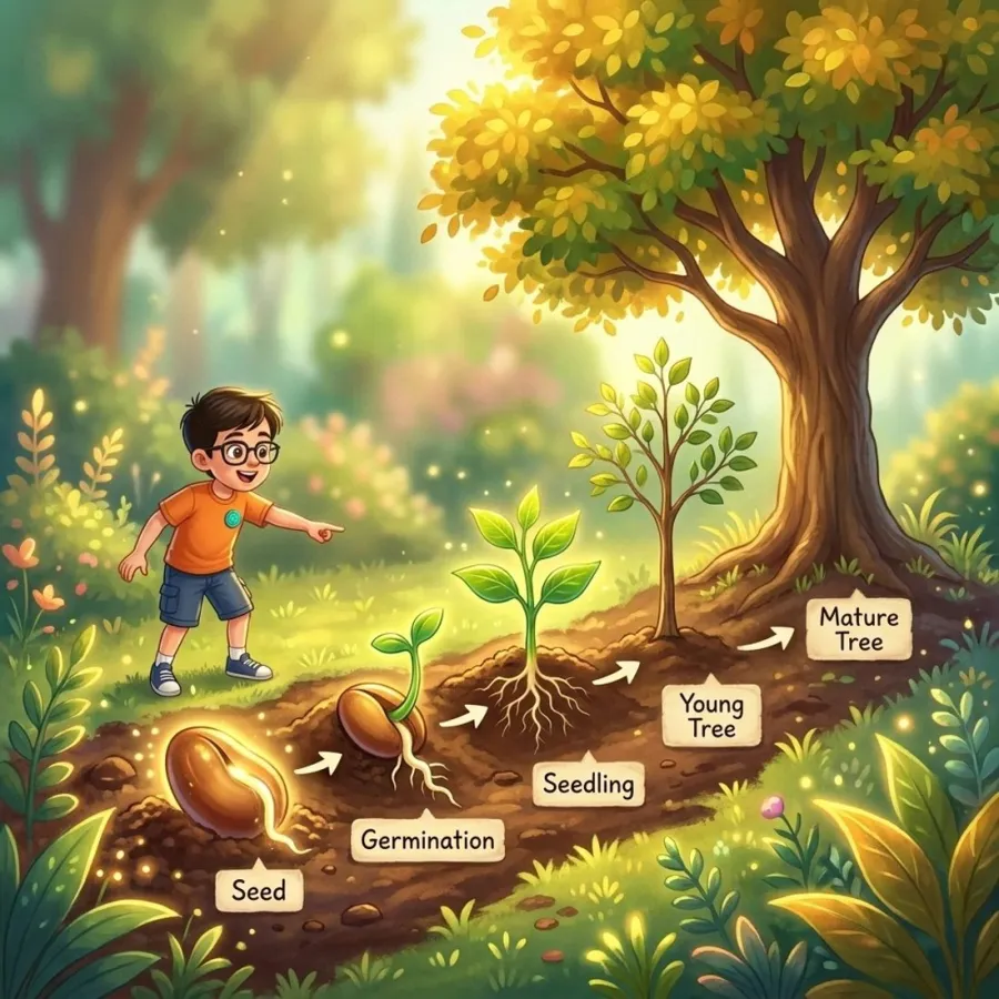 Imagen con rótulos: semilla, germinación, plántula, árbol joven, árbol adulto